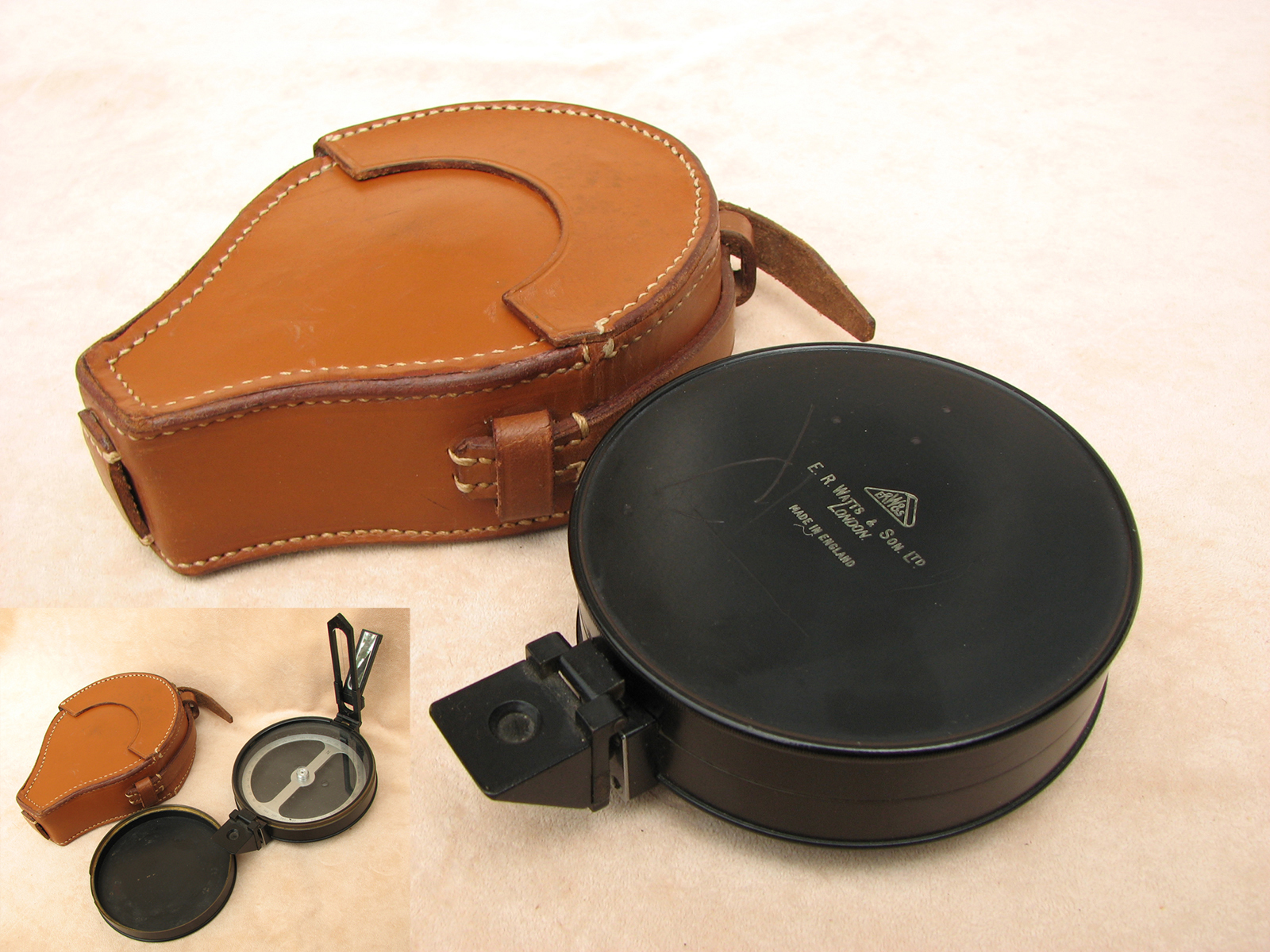 1920's Artillery compass by E.R. Watts & Son Ltd in leather case